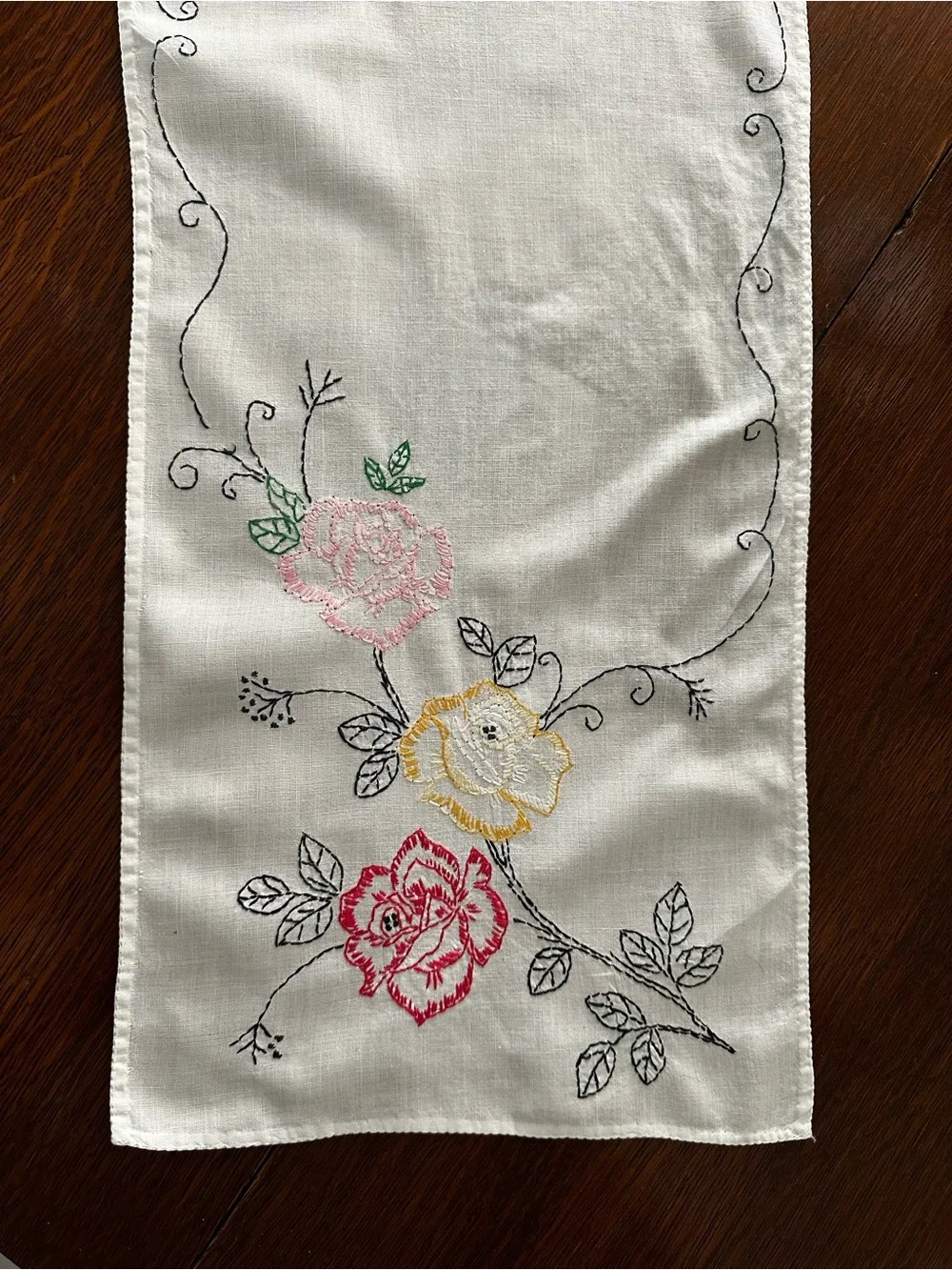 Vintage Hand-Embroidered Floral Runner